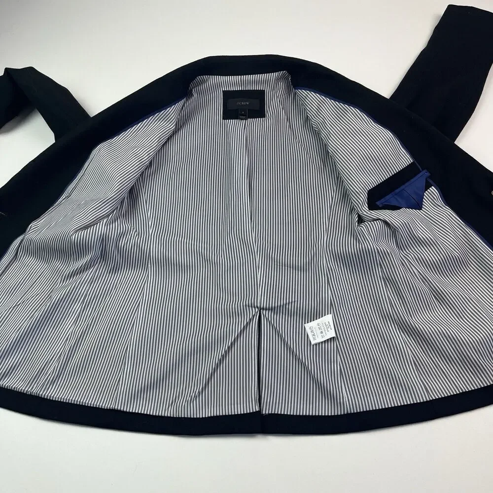J Crew Wool Blazer Size 6 Black Gold Crest Buttons Striped Lining Preppy Office